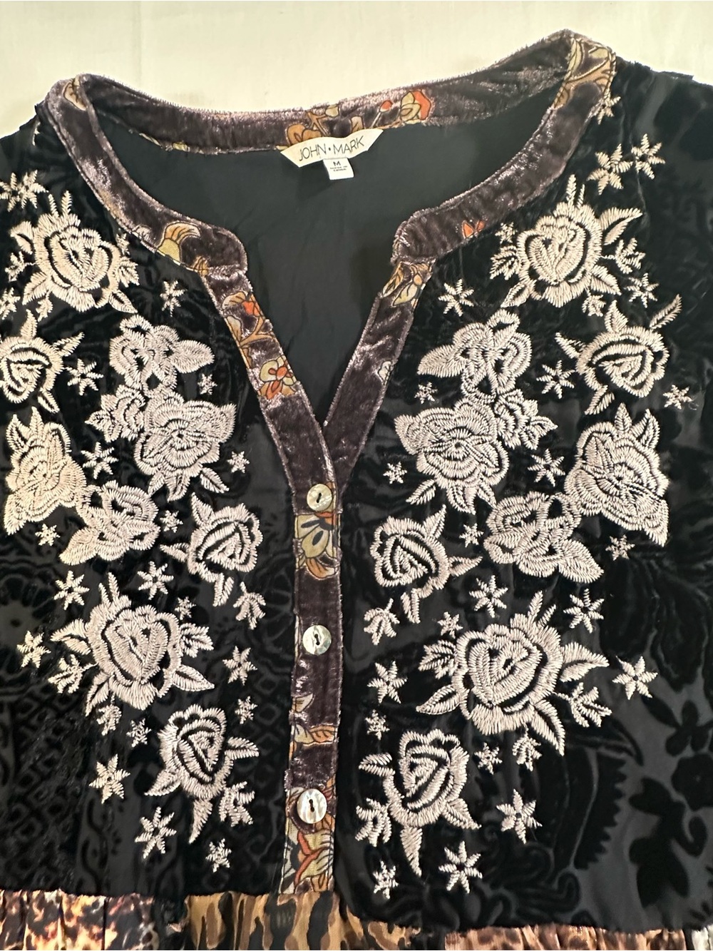 John Mark Velvet Embroidered Patchwork Tunic animal print BoHo country cottage - Picture 5 of 14